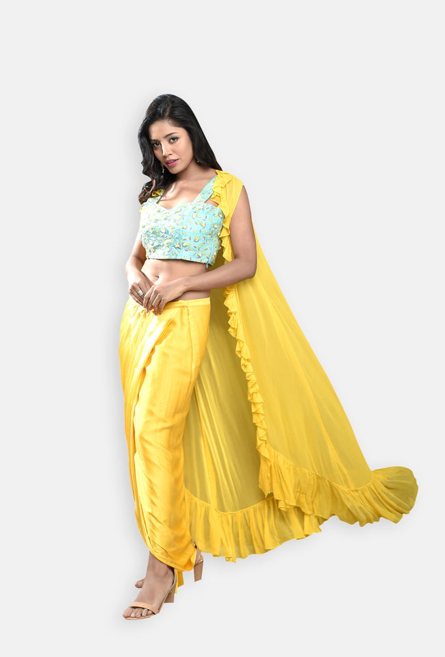 Yellow Cowl Skirt with Blue Potli Top and Jacket - Fashion Brand & Designer Priti Sahni 3