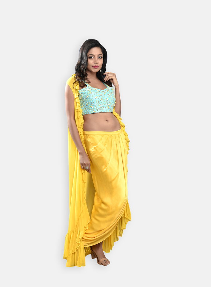 Yellow Cowl Skirt with Blue Potli Top and Jacket - Fashion Brand & Designer Priti Sahni 2