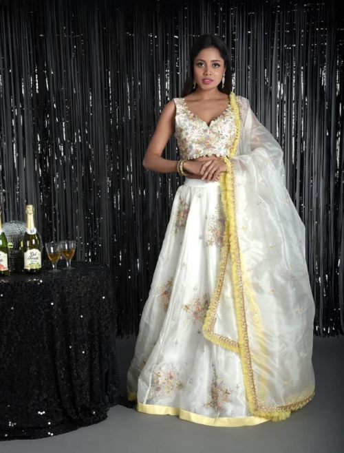 Ivory Pure Silk Organza Lehenga Lehengas