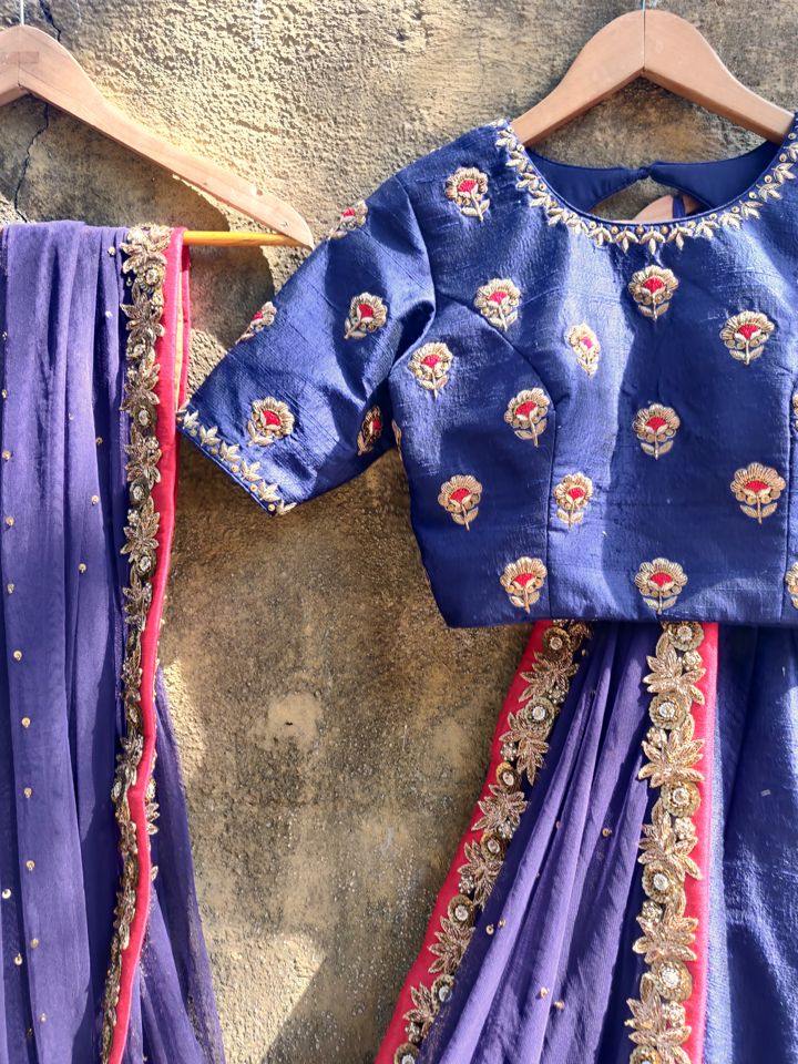 Royal Blue Raw Silk Lehenga - Fashion Brand & Designer Priti Sahni 2