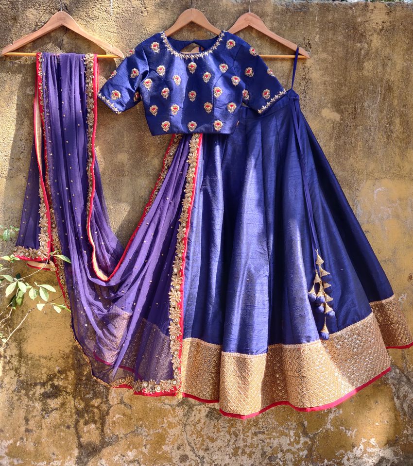 Royal Blue Raw Silk Lehenga - Fashion Brand & Designer Priti Sahni