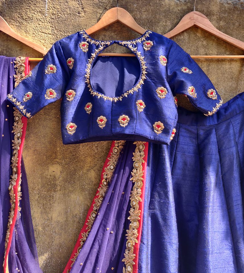Royal Blue Raw Silk Lehenga - Fashion Brand & Designer Priti Sahni 4