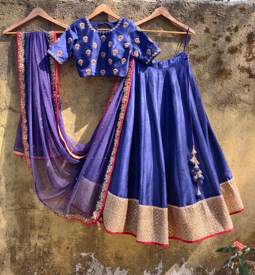Royal Blue Raw Silk Lehenga - Fashion Brand & Designer Priti Sahni 5