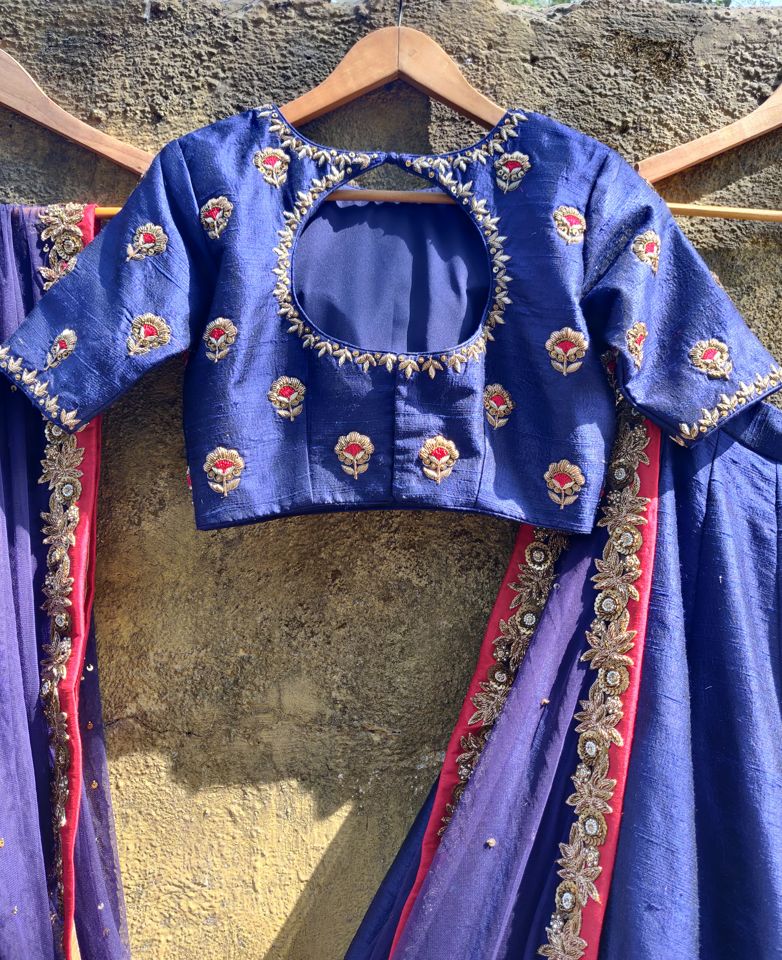 Royal Blue Raw Silk Lehenga - Fashion Brand & Designer Priti Sahni 3
