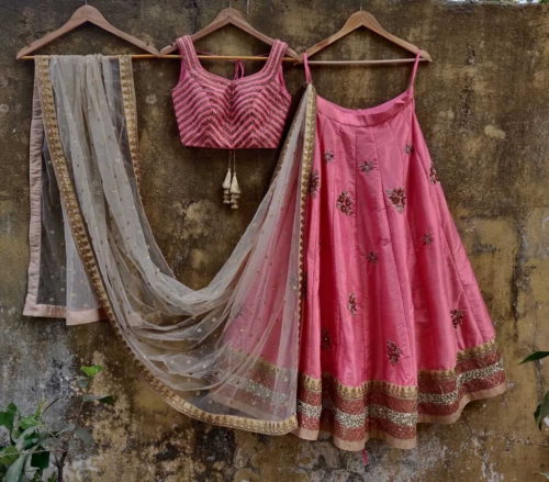 Peach Chevron Zardozi Work Lehenga Bridal Couture