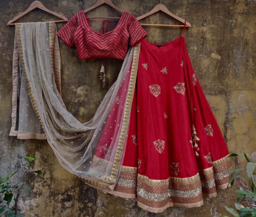 Red Chevron Zardozi Work Lehenga Lehengas
