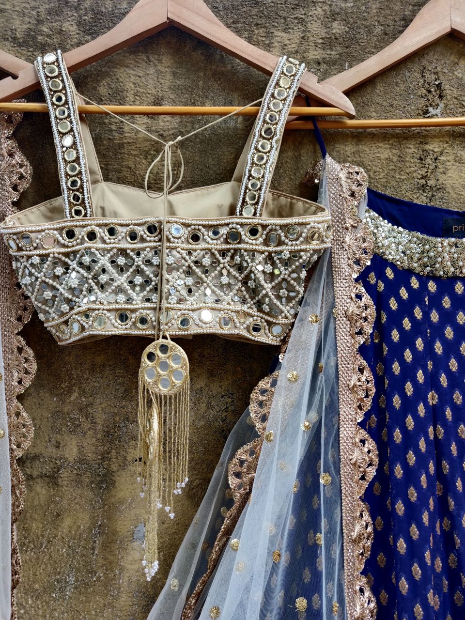 navy blue mirror work lehenga