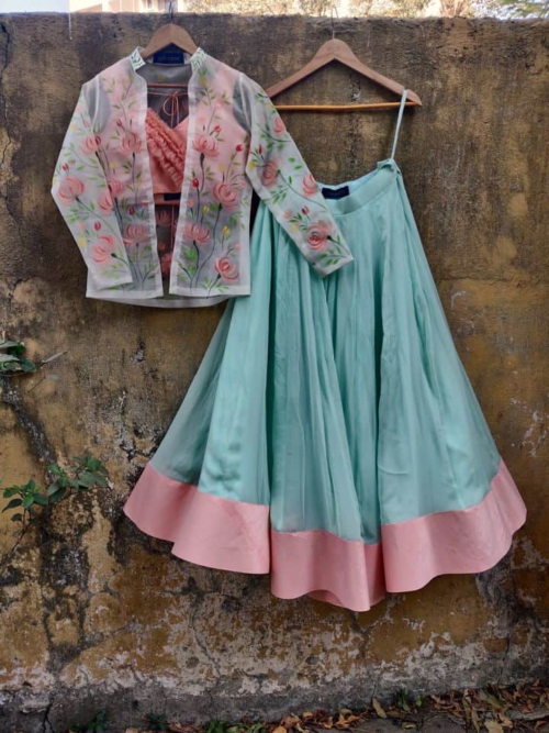 Mint Green and Peach Lehenga with Jacket Lehengas