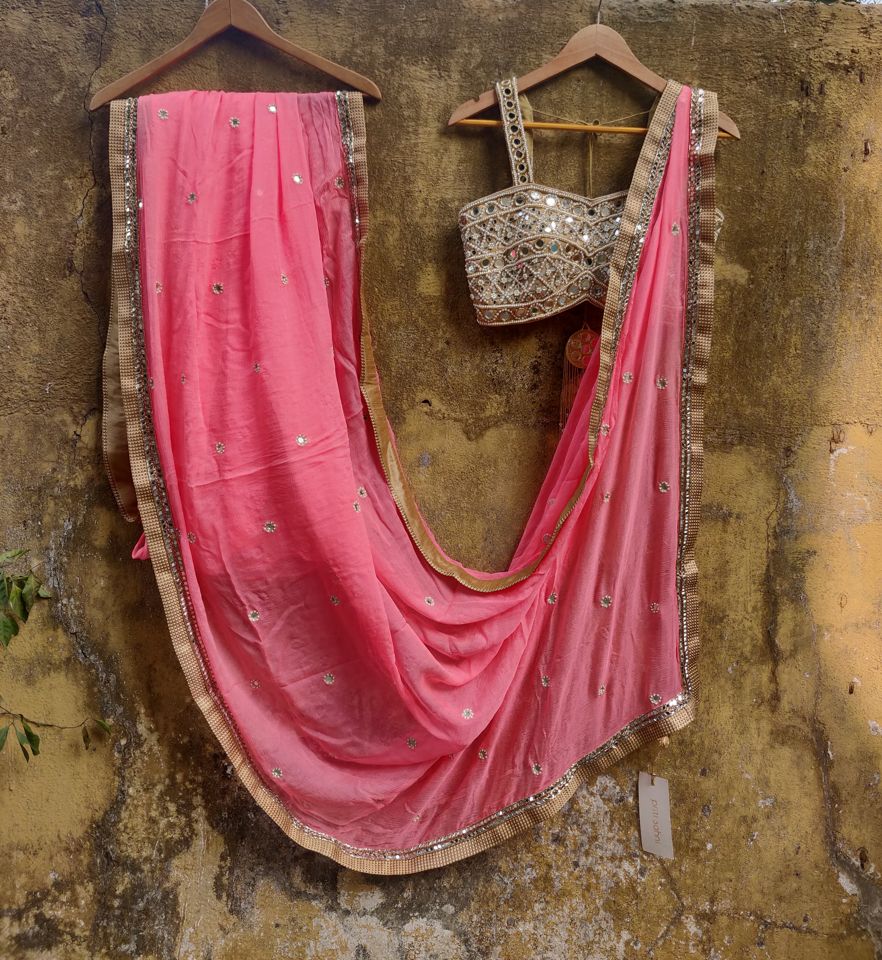 Peach Chiffon Saree with Mirror Bustier - Fashion Brand & Designer Priti Sahni