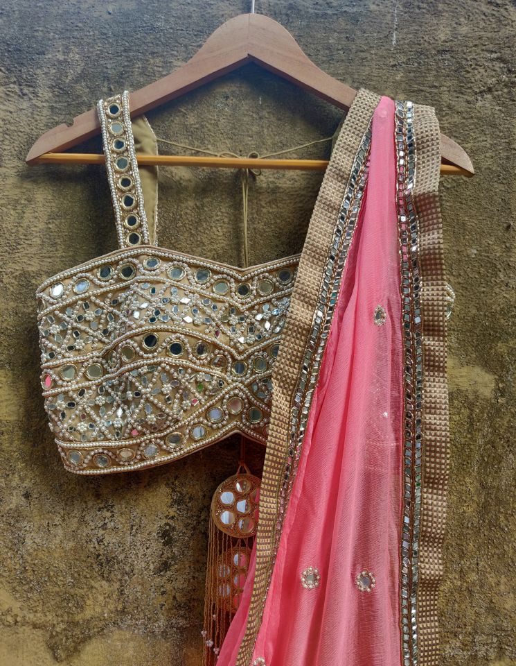 Peach Chiffon Saree with Mirror Bustier - Fashion Brand & Designer Priti Sahni 4