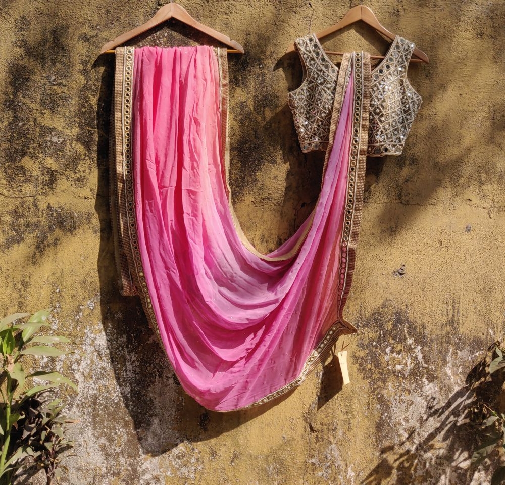 Peach Pink Ombre Georgette Mirror Work Saree - Fashion Brand & Designer Priti Sahni