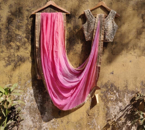 Peach Pink Ombre Georgette Mirror Work Saree Sarees