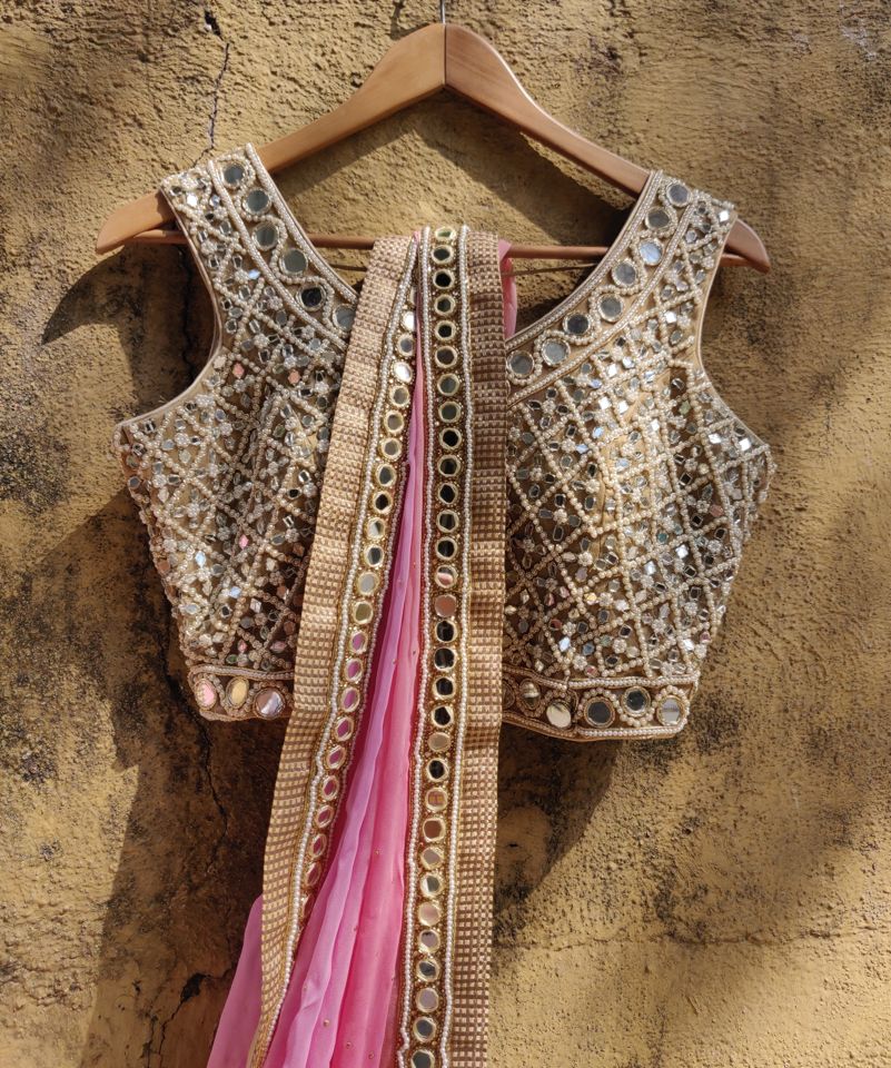 Peach Pink Ombre Georgette Mirror Work Saree - Fashion Brand & Designer Priti Sahni 2