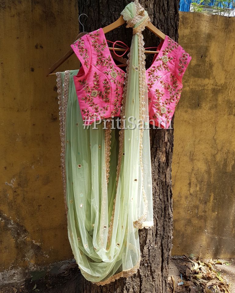 Mint Green Net Saree - Fashion Brand & Designer Priti Sahni