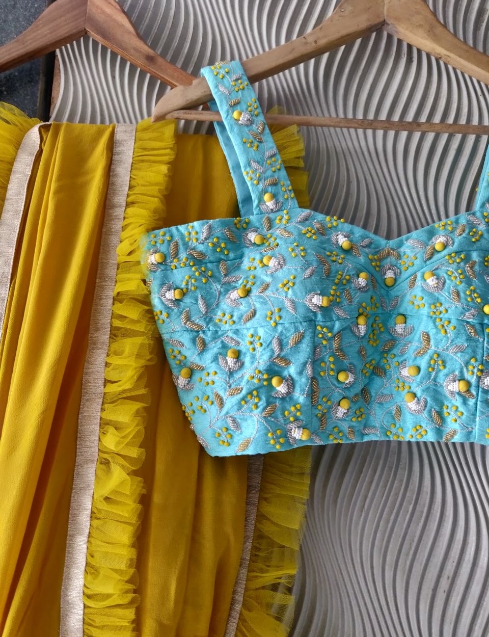 Mustard Ruffle Saree with Blue Strap Blouse - Fashion Brand & Designer Priti Sahni 2