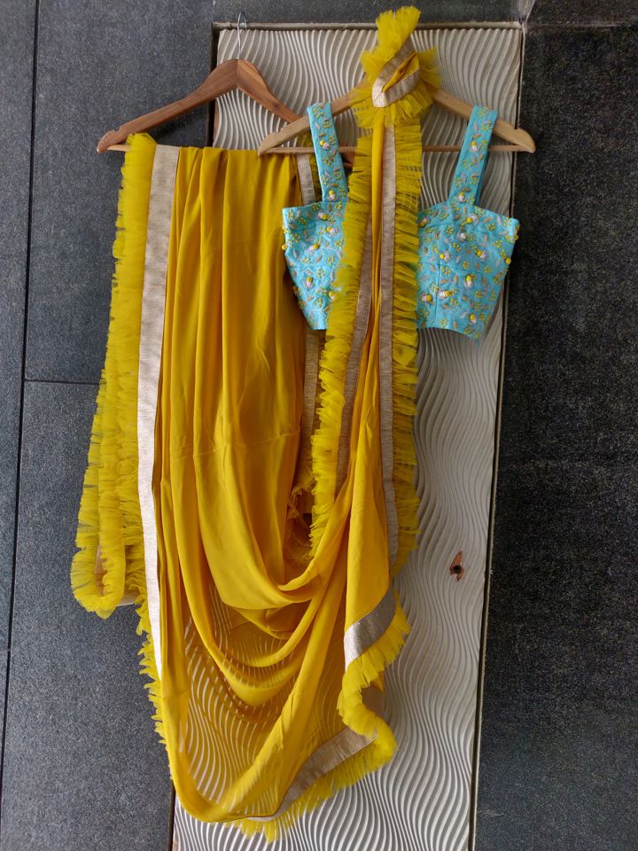 Mustard Ruffle Saree with Blue Strap Blouse - Fashion Brand & Designer Priti Sahni 3