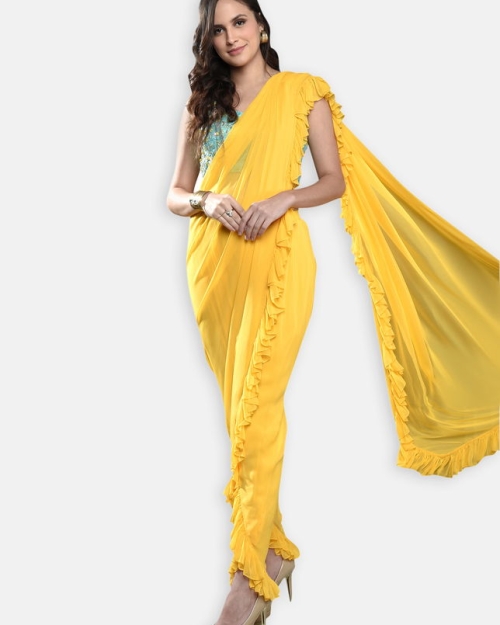 Yellow Dhoti Saree with Blue Bustier - Fashion Brand & Designer Priti Sahni