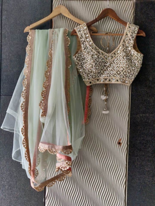 Apple Green Saree with Mirror Work Blouse Anniversary Sale