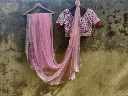 Blush Net Saree with Red Mirror Blouse Sarees
