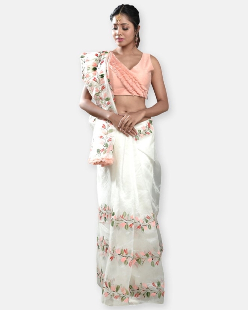 Ivory Hand Painted Saree with Peach Blouse - Fashion Brand & Designer Priti Sahni
