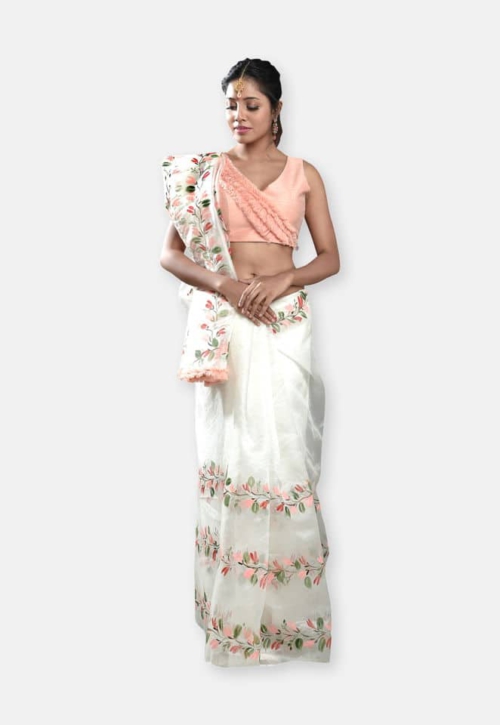 Ivory Hand Painted Saree with Peach Blouse Rani Baug