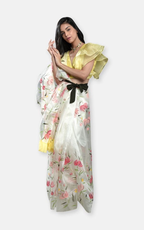 Ivory Hand Painted Saree with Yellow Ruffle Blouse Rani Baug