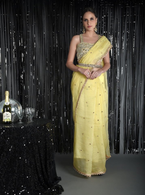 Lemon Yellow Pure Silk Organza Saree with Mirror Rani Baug