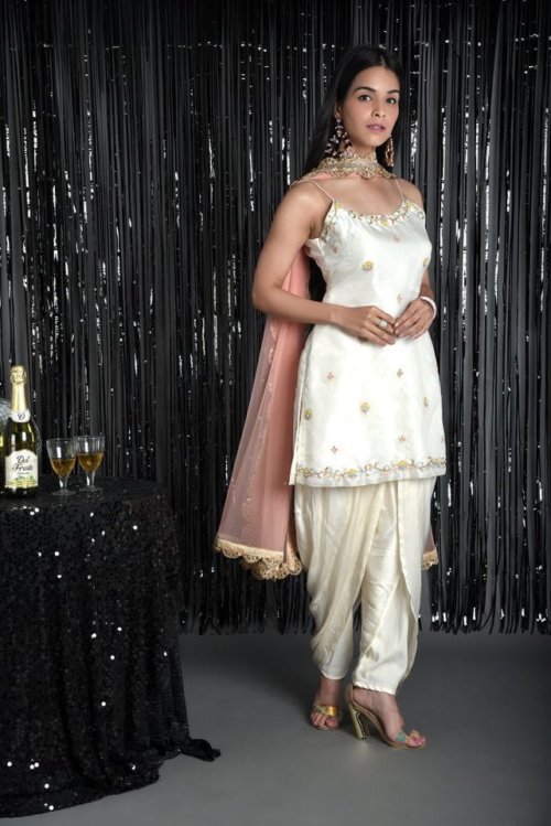 Ivory Organza Embroidered Slip Kurti Set Rani Baug
