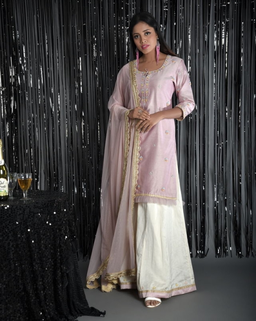 Pink Chanderi Kurti and Palazzo Set - Fashion Brand & Designer Priti Sahni