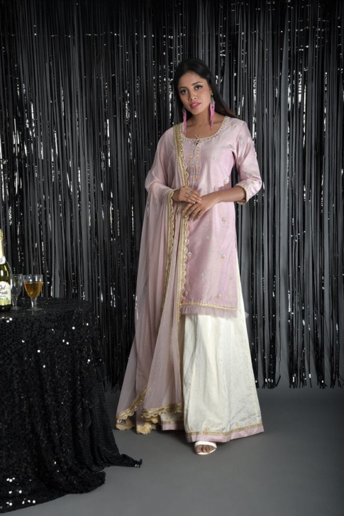 Pink Chanderi Kurti and Palazzo Set Anarkali And Suits