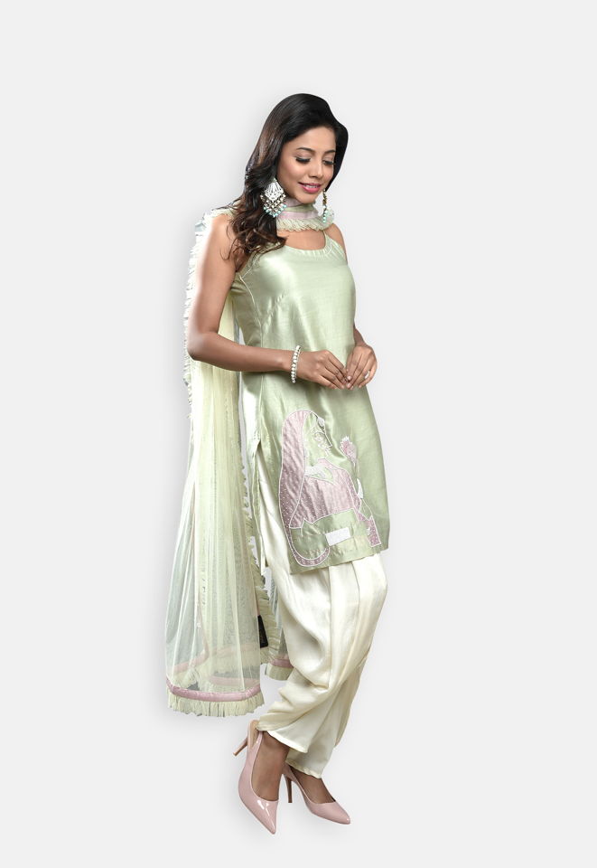 Apple Green Chanderi Slip Kurti Set - Fashion Brand & Designer Priti Sahni