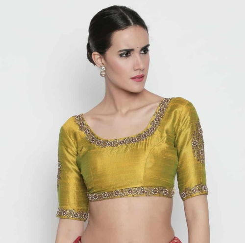 Olive Raw Silk Blouse with Kundan Work Blouses