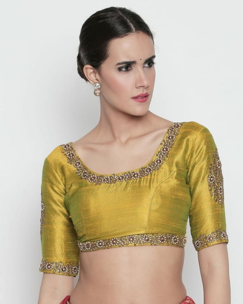Olive Raw Silk Blouse with Kundan Work Blouses