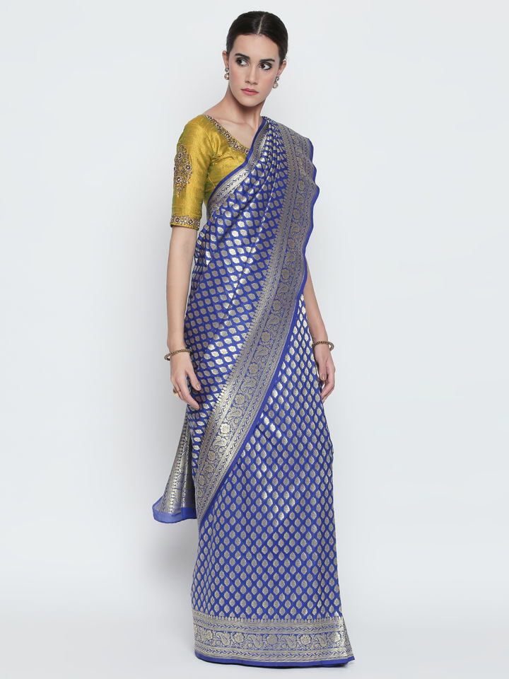 Blue Benarasi Silk Saree Amota : Handwoven Clothing 2