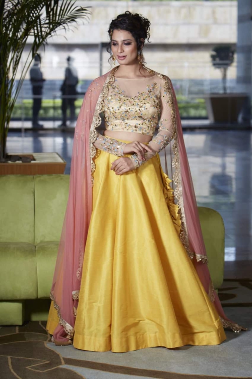 Yellow Lehenga and Mirror Blouse Lehengas