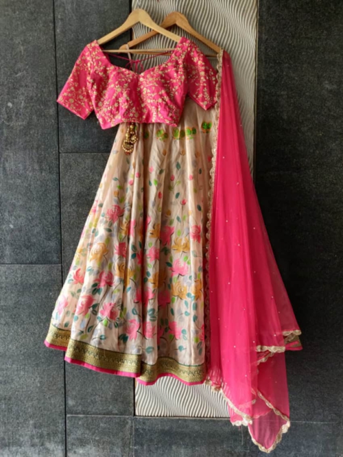 Ruby Pink and Nude Hand Painted Lehenga Set Lehengas