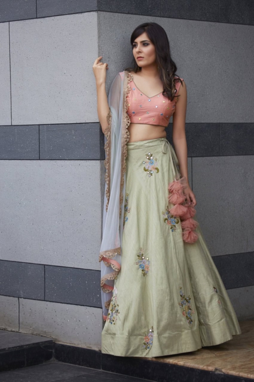 Peach and Dust Green Lehenga Lehengas