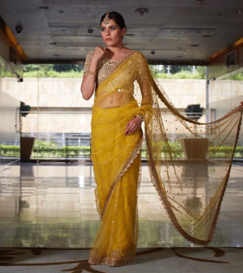 Mustard Net Saree with Mirror Blouse Sarees