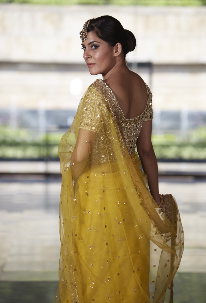 Mustard Net Saree with Red Mirror Blouse - Fashion Brand & Designer Priti Sahni 4
