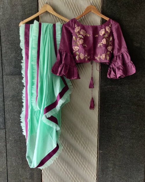 Mint and Wine Ruffle Saree Sarees