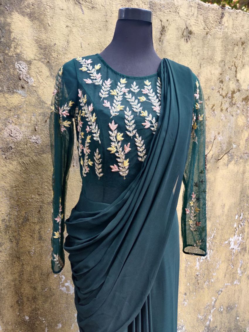 Deep Green Saree Gown - Fashion Brand & Designer Priti Sahni 2