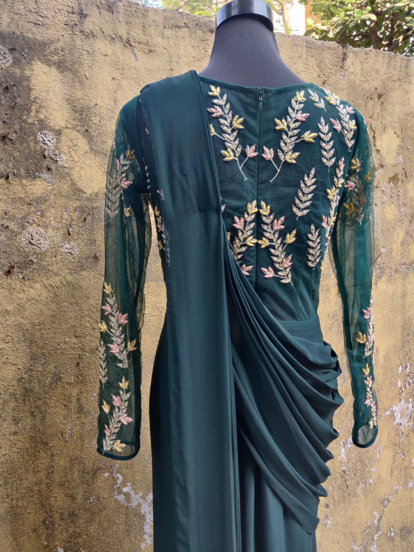 Deep Green Saree Gown - Fashion Brand & Designer Priti Sahni 6