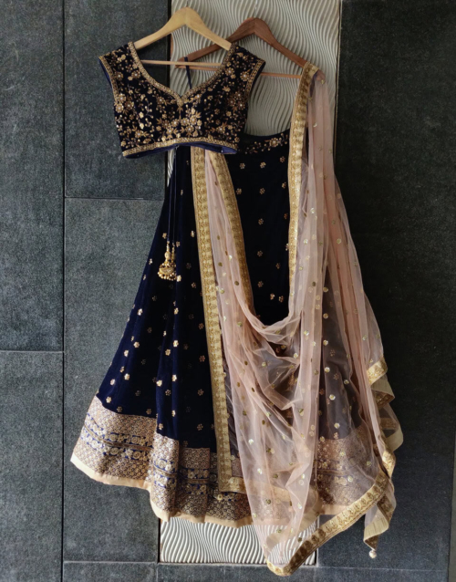 Midnight Blue Velvet Lehenga Set Lehengas