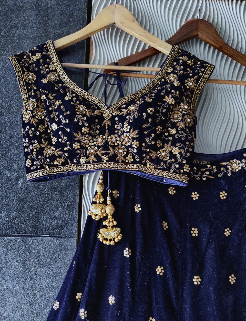 Midnight Blue Velvet Lehenga Set - Fashion Brand & Designer Priti Sahni 2