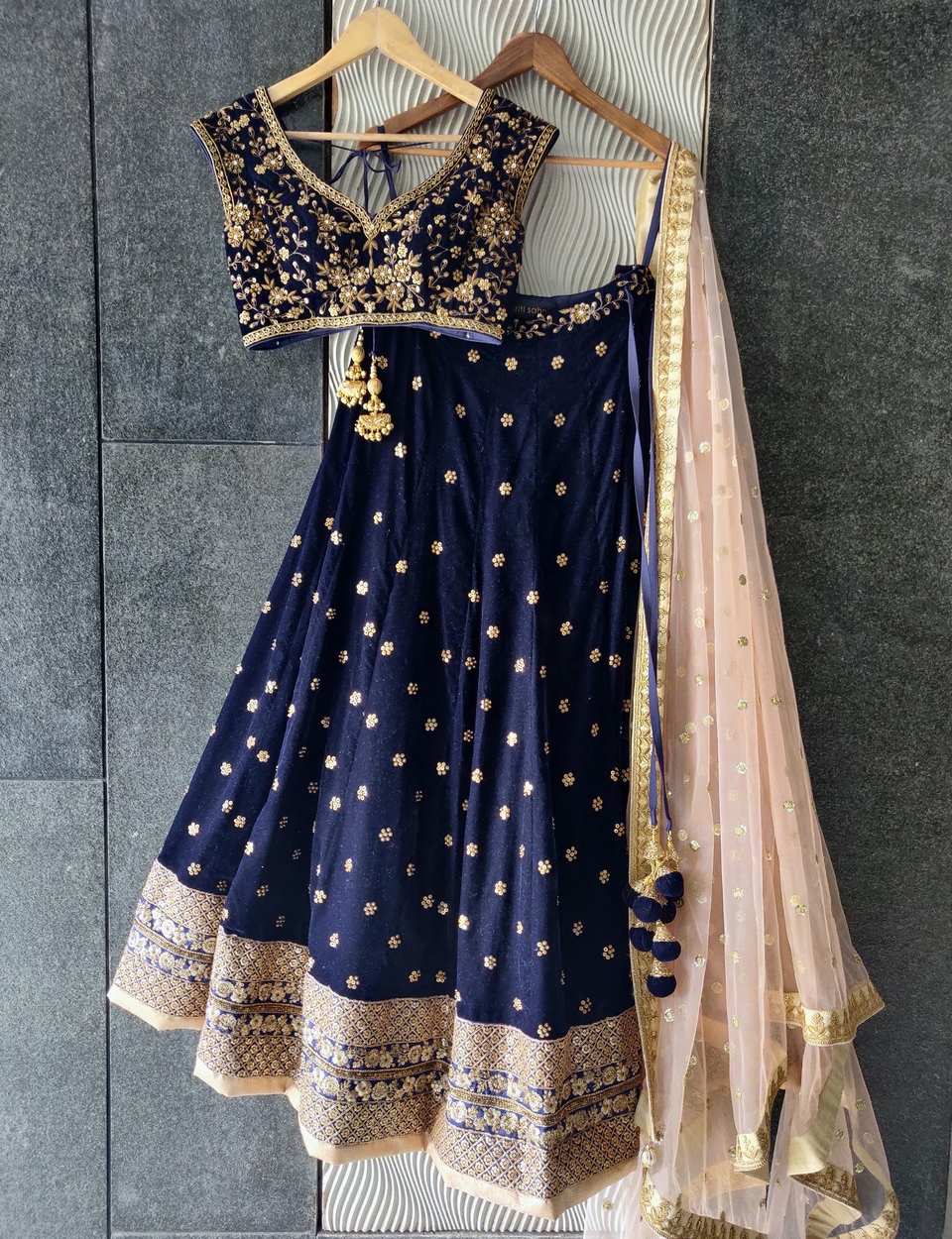 Midnight Blue Velvet Lehenga Set - Fashion Brand & Designer Priti Sahni 3