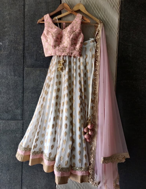 Ivory and Pink Ruffle Lehanga Lehengas