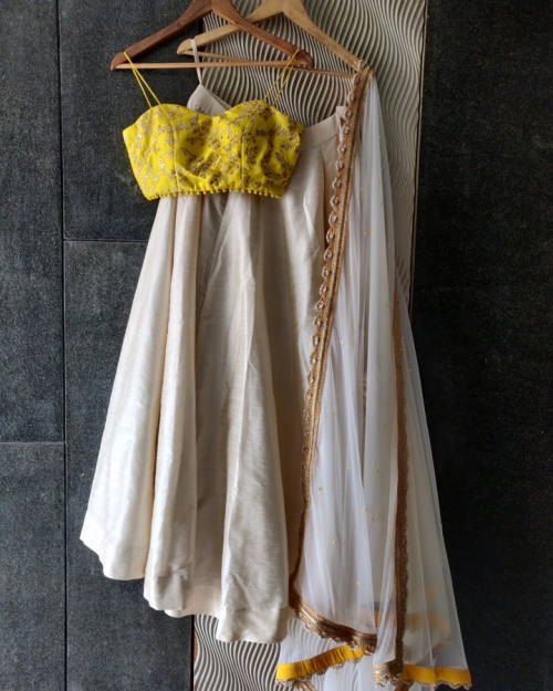 Ivory and Yellow Bustier Lehenga - Fashion Brand & Designer Priti Sahni
