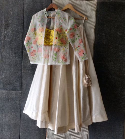 Ivory and Yellow Lehenga with Jacket Lehengas