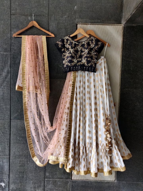 Ivory Ruffle Lehenga with Black Embroidered Blouse Lehengas