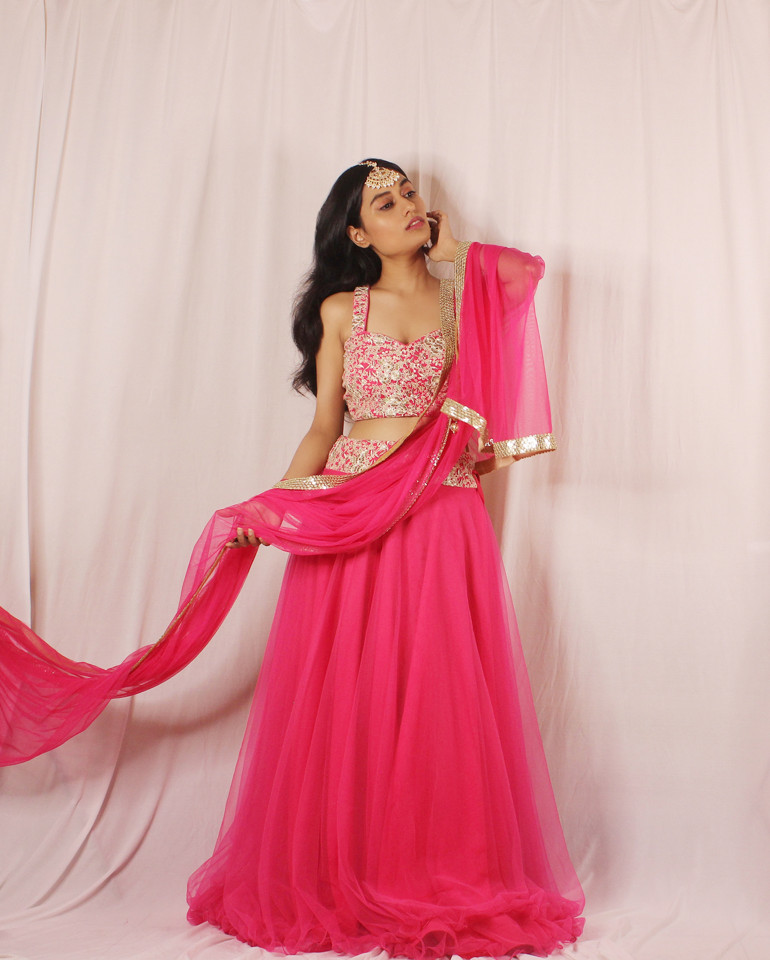 Fuchsia Pink Net Lehenga Set - Fashion Brand & Designer Priti Sahni